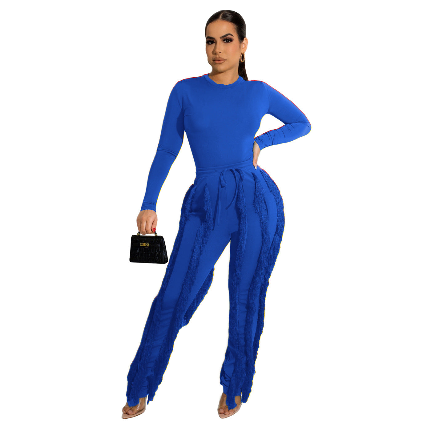 Conjunto de dos piezas formado por mono y pantalón de encaje con borlas para mujer, color liso, deportivo, para otoño e invierno