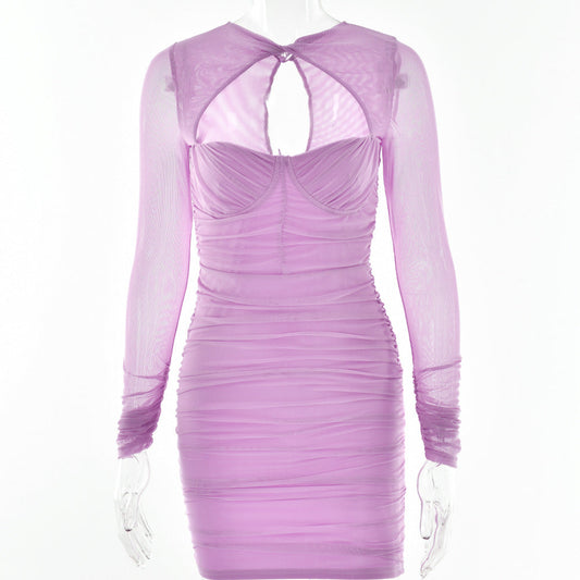 Vestido de verano con escote bajo y aberturas para mujer, sexy, transparente, de manga larga, ajustado a la cadera