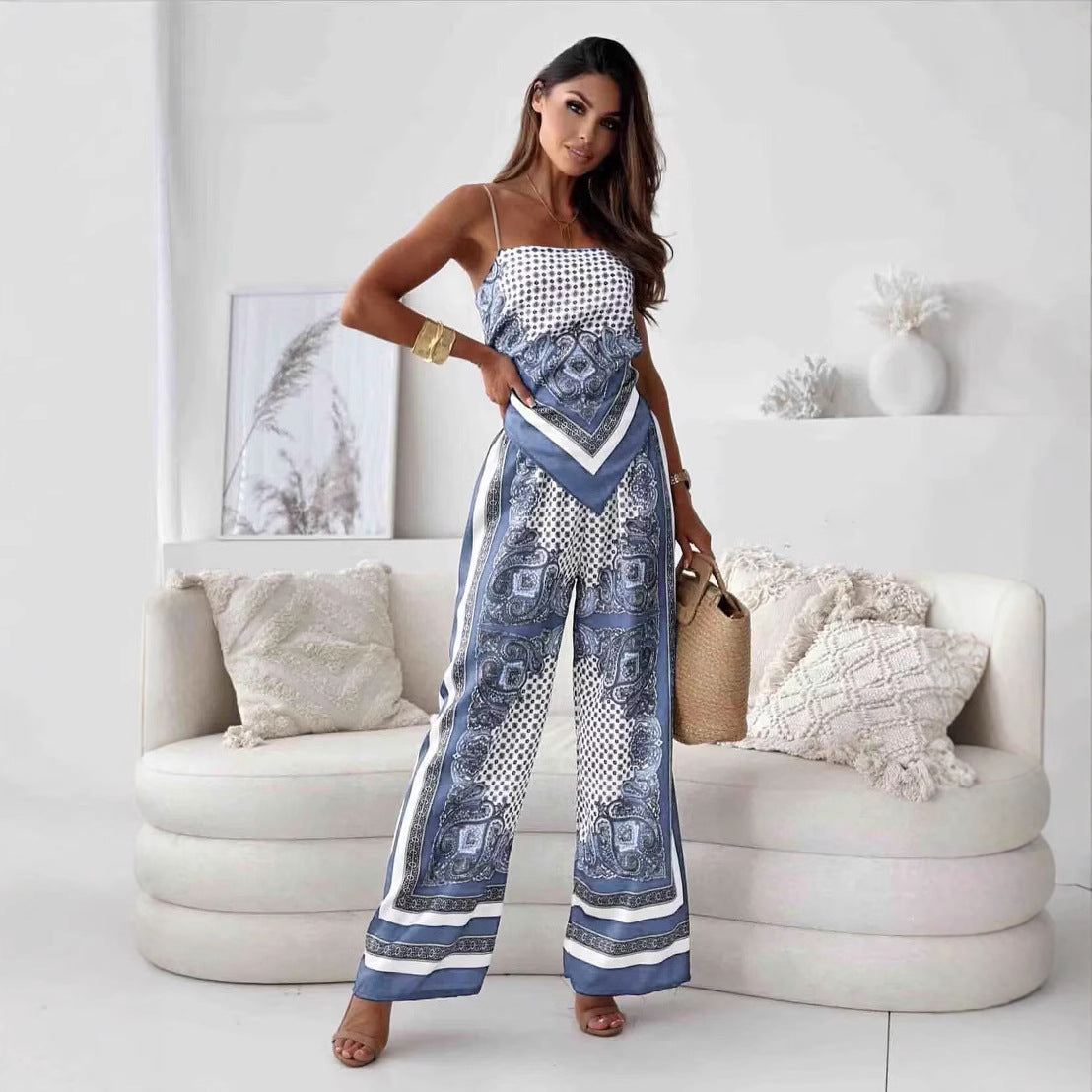 Conjunto de dos piezas para mujer, con estampado sexy, tirantes finos, corsé, pantalones florales y posicionamiento