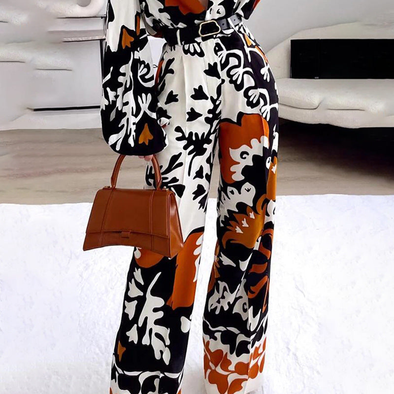 Conjunto informal de dos piezas con estampado bohemio y contraste de colores para mujer de otoño