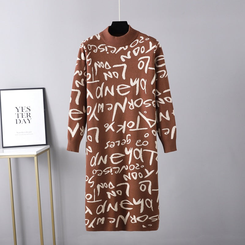 Ropa de mujer Otoño Invierno Jersey de punto Manga larga Letras gráficas Graffiti Suéter Vestido