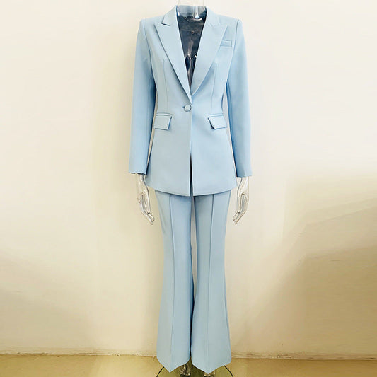Traje de negocios para mujer, estilo estrella, con un solo botón, de tela y largo medio, con pantalones acampanados, traje de dos piezas