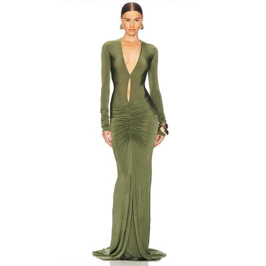 Sexy Pleated Hollow Out Cutout Slim Dress Arrival Long Sleeve Deep V Plunge neck Hip Dress
