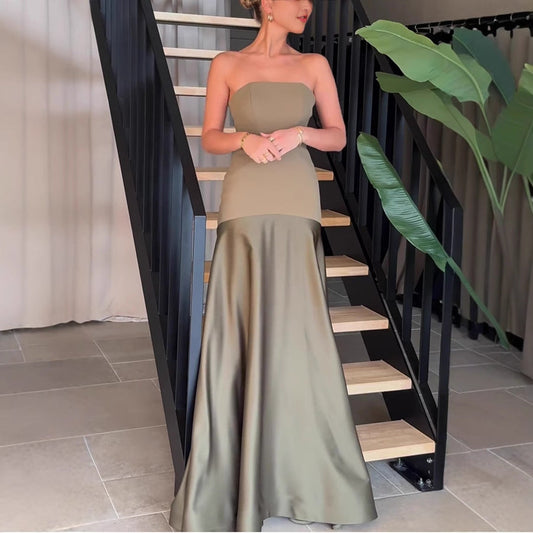 Summer Sexy Tube Top Satin Sleeveless Stitching Solid Color Dress