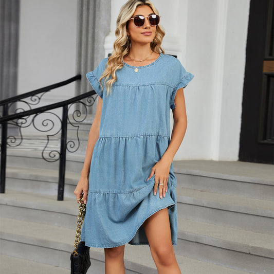 Women Clothing Summer Solid Color Pullover round Neck Denim Dress Loose Casual Dress