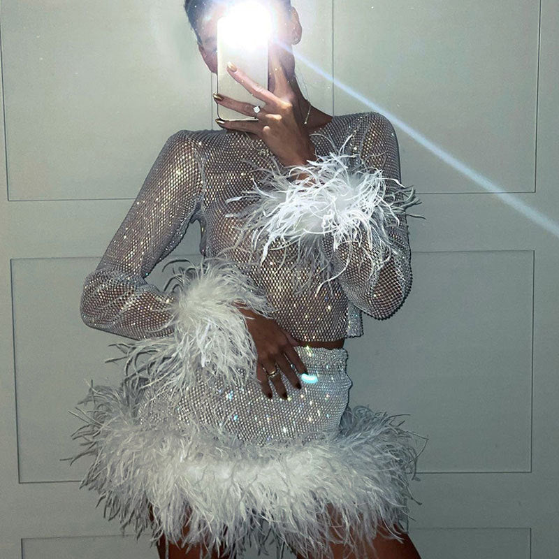 Conjunto de falda peluda de moda para mujer, vestido corto sexy de manga larga con cuello redondo para discoteca