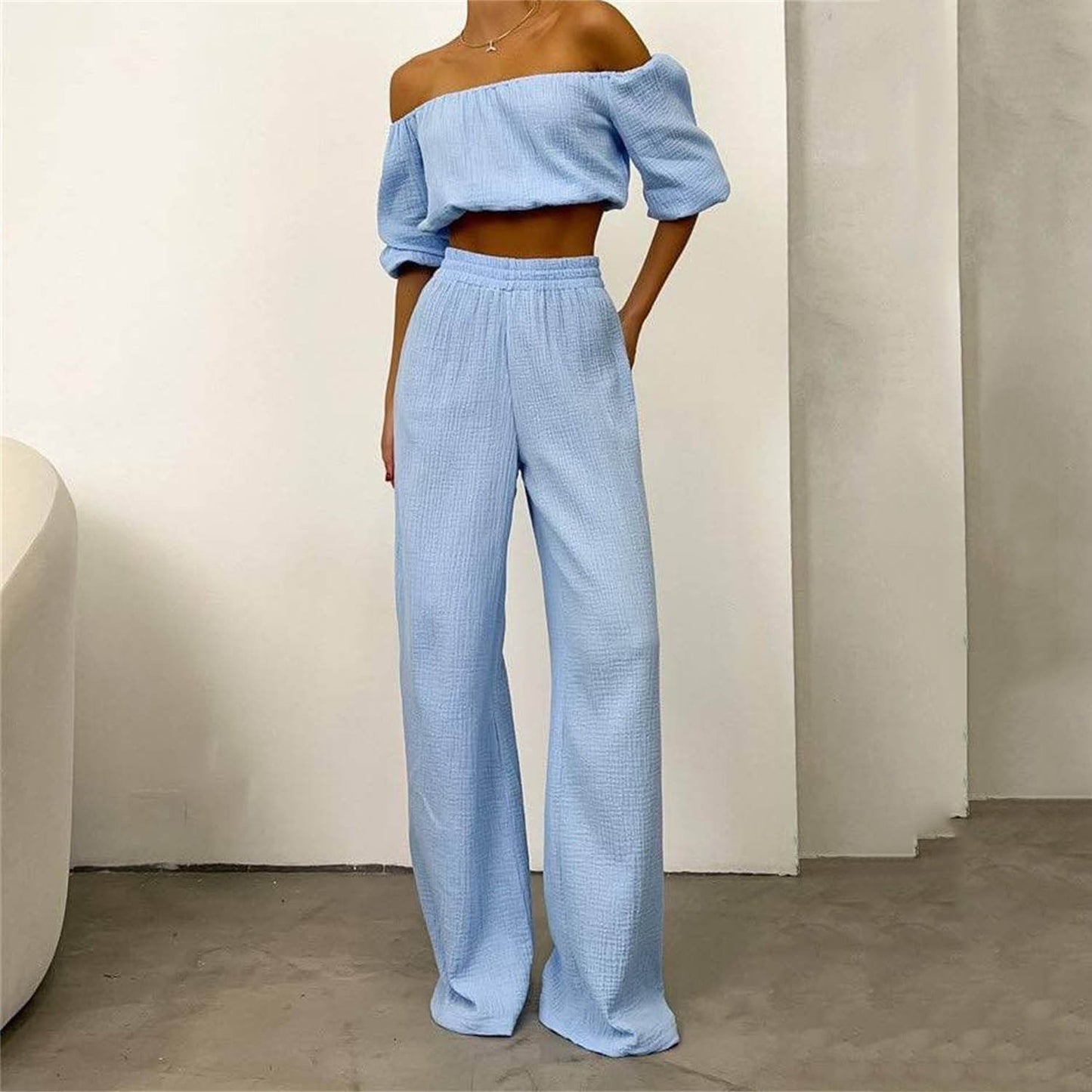 Traje informal de dos piezas para mujer, de verano, de algodón puro, color sólido, con cuello halter, manga corta, cintura alta, pantalones anchos y pierna.