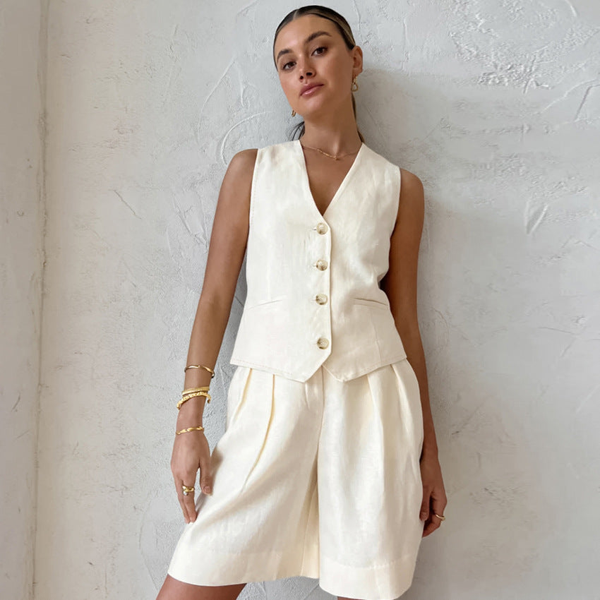 Chaleco sin mangas de lino y algodón beige para mujer, traje de verano holgado y transpirable, traje de dos piezas
