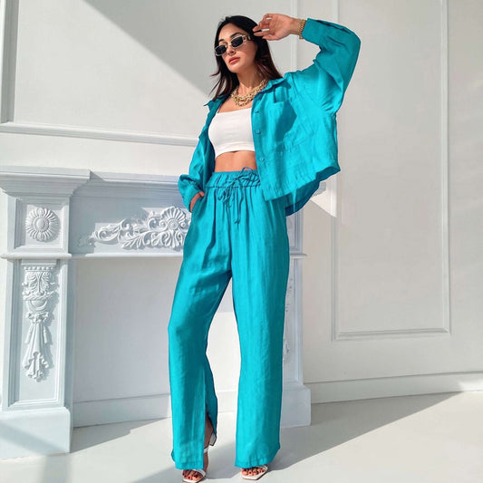 Conjunto informal de dos piezas para mujer, con cuello tipo polo, camisa y pantalones anchos con abertura en la parte superior, para primavera y verano