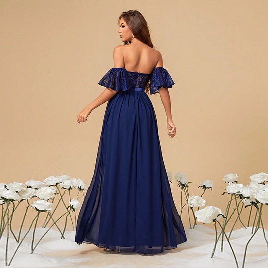 Autumn Tube Top Trendy Elegance Prom Evening Dress Party Dress Solid Color Long Women