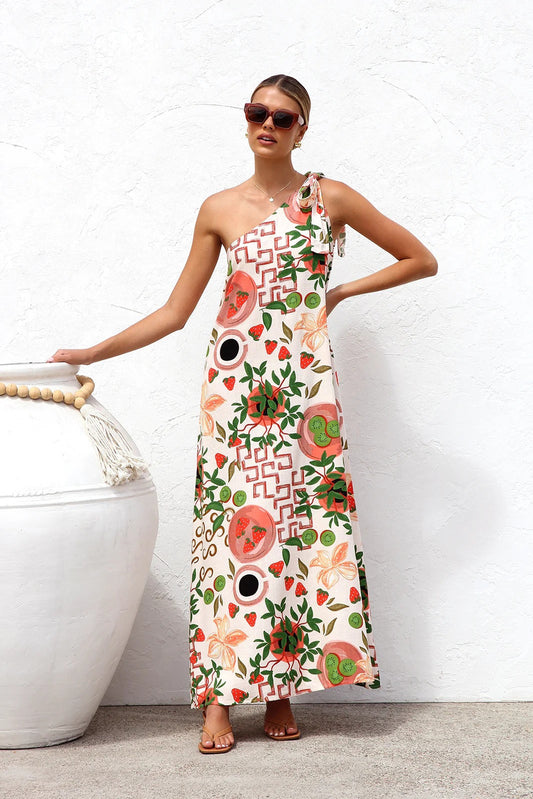 Summer Dress Printed Shoulder Lace up Elegant Dress Women