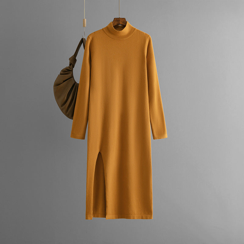 Vestido de punto de cuello alto para mujer, otoño e invierno, color liso, con abertura, manga larga, pantalones de fondo, ropa interior, vestido de lana