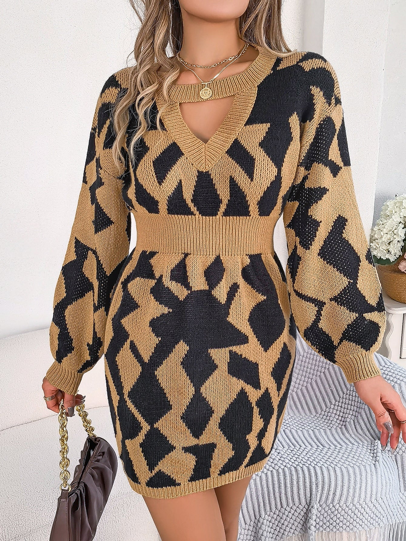 Vestido tipo suéter ajustado con mangas abullonadas y corte a juego de colores para otoño e invierno, ropa informal para mujer