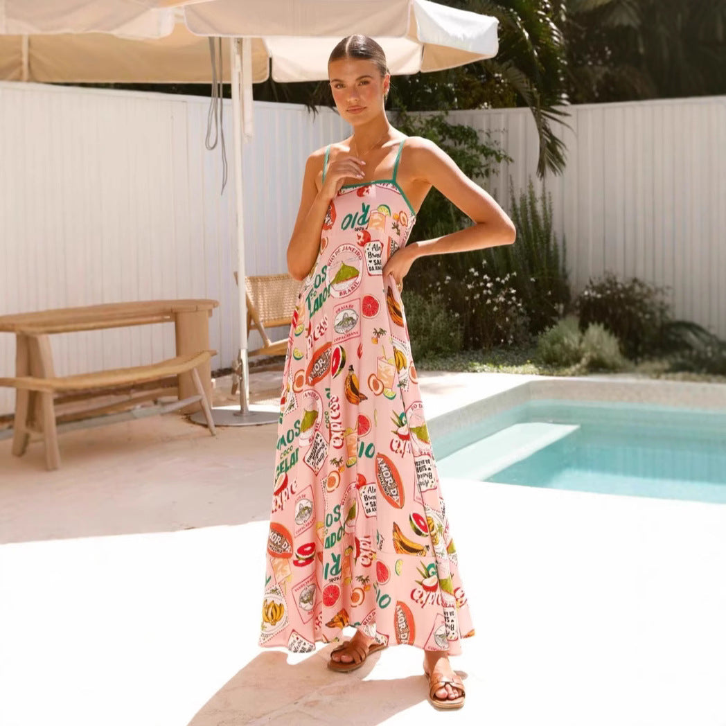 Vestido largo informal de verano con estampado de cintura alta para vacaciones en la playa