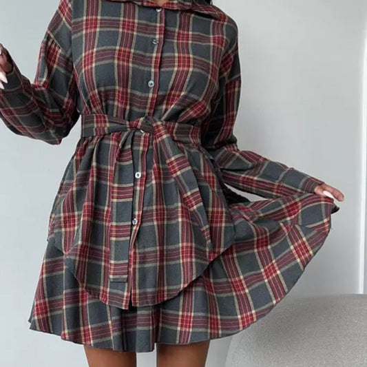 Conjunto de falda a cuadros informal para mujer, camisa holgada con cuello y falda plisada con cordones, conjunto de dos piezas