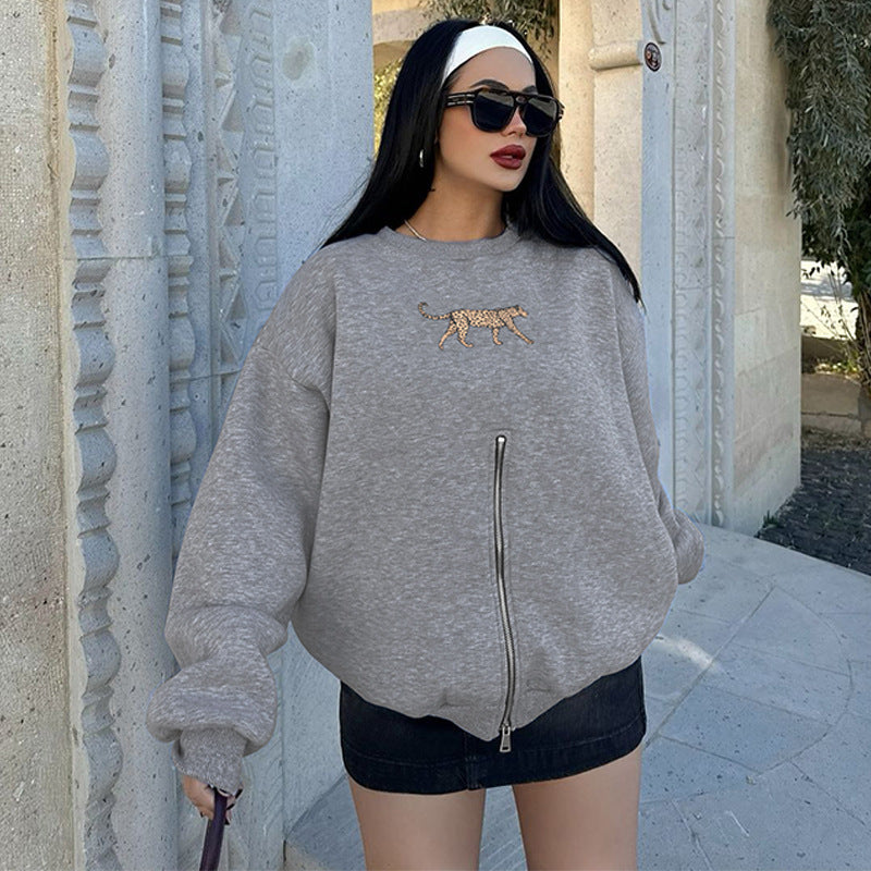 Ropa de mujer, abrigo informal holgado de manga larga con estampado de leopardo y cuello redondo con cremallera para invierno