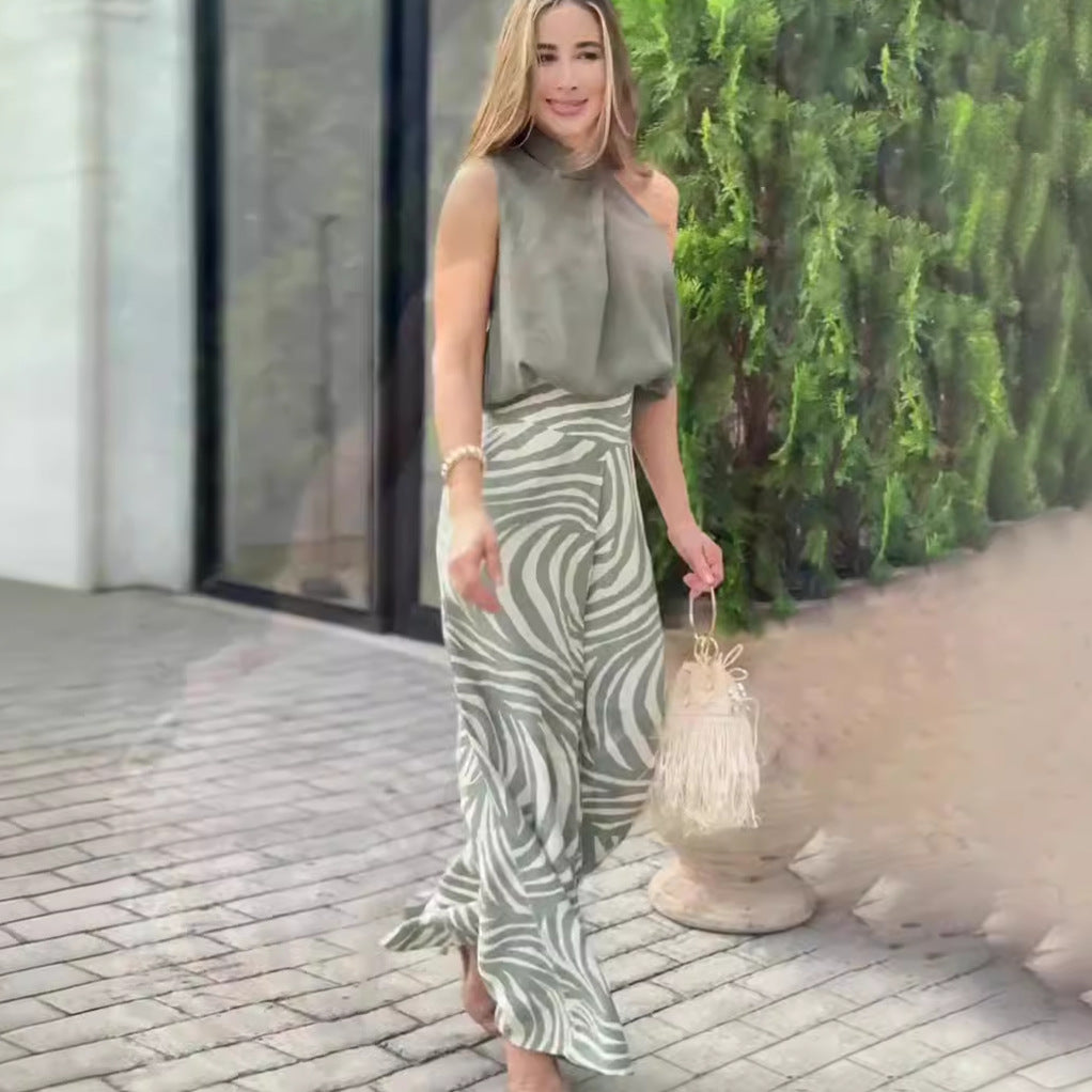 Conjunto de dos piezas de top y pantalón ancho con estampado de cebra y cuello halter sin mangas de verano para mujer
