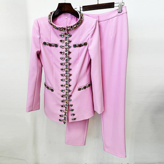 Early Spring Heavy Industry Beads Diamond Jacket Jacket Skinny Pants Two Piece Set