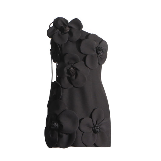 French Sexy Floral Splicing Autumn Winter Suspender Design Solid Color Dress Women