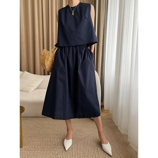 Traje de dos piezas con falda tipo paraguas, cuello redondo, fino y lavado, de algodón puro, elegante y sencillo, de estilo francés.