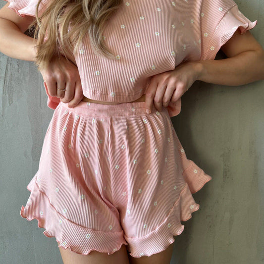 Conjunto de pijama de dos piezas con estampado informal de verano para mujer, manga corta con volantes y cuello redondo