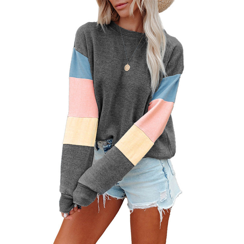Sudadera tipo pulóver para mujer, primavera otoño, cuello redondo, manga larga, color en contraste, camiseta de manga larga para mujer