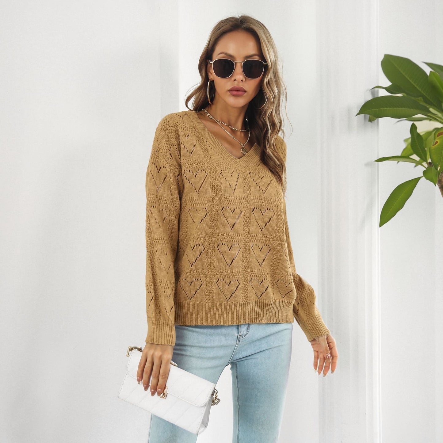 Suéter a cuadros con forma de corazón recortado y hueco para mujer, suéter holgado de manga larga para otoño e invierno.