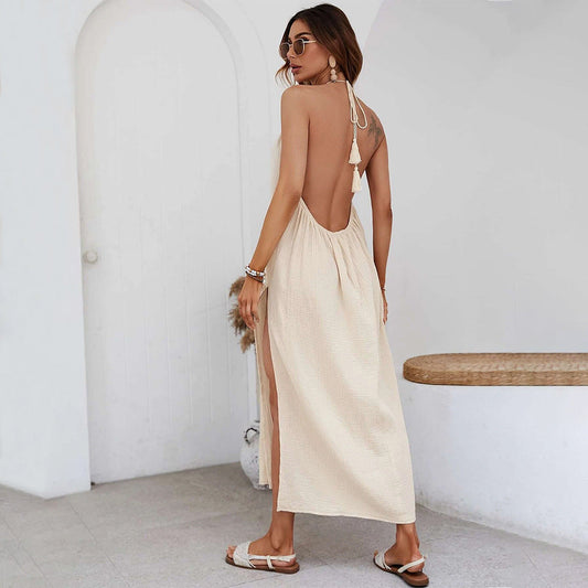 Woven Elegant Design Bare Back Seaside Holiday Halter Dress