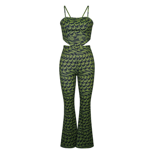 Traje verde estampado chaleco pantalones anchos traje casual de dos piezas