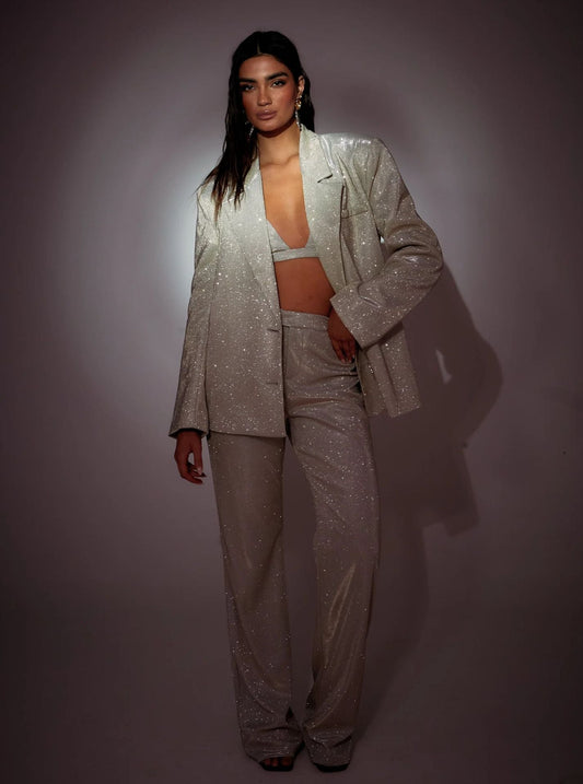 Traje de oficina de verano con polvos brillantes, traje largo y sexy de tres piezas.