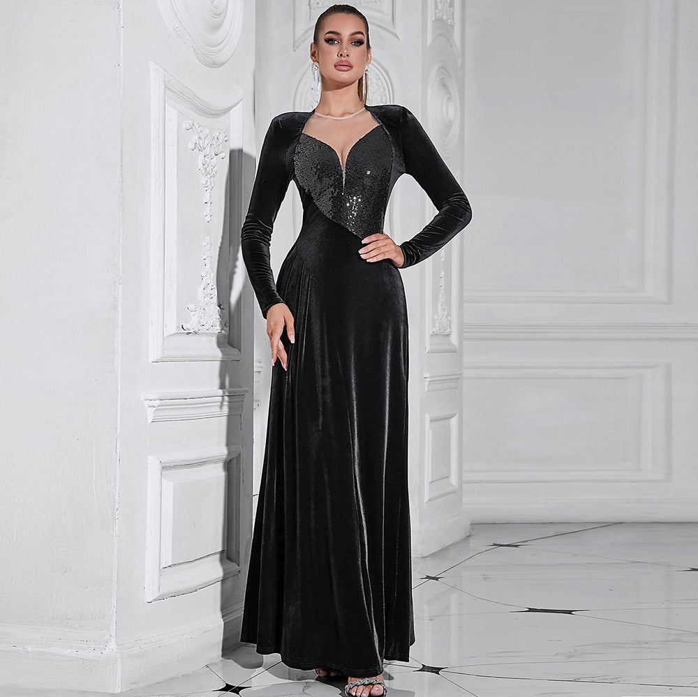 Vestido de noche elegante de otoño e invierno con cuello redondo y manga larga de patchwork