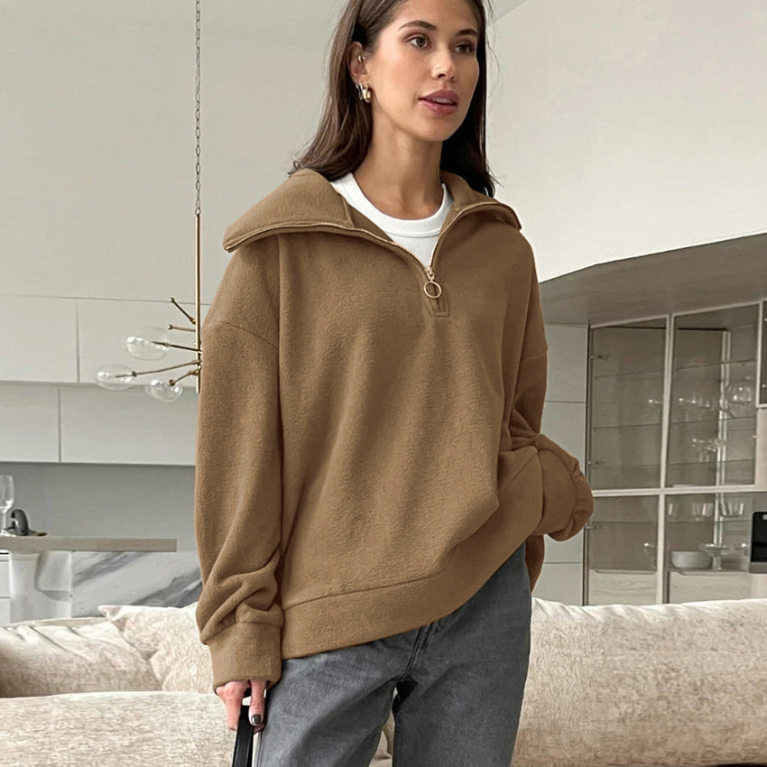 Suéter holgado informal de punto de cordero y cachemira beige para mujer, top deportivo con cuello a juego para otoño e invierno