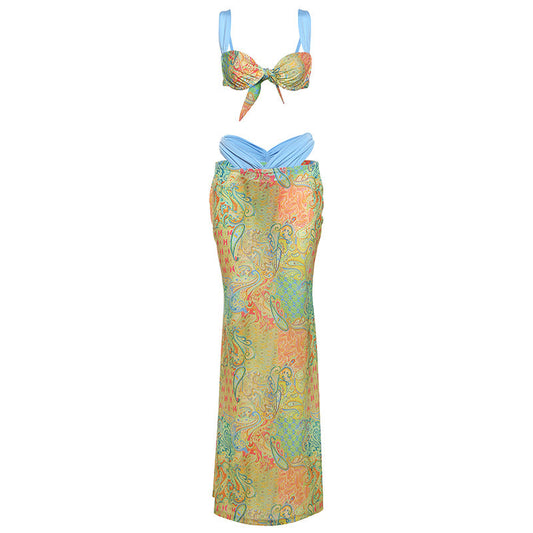 Conjunto de tres piezas con falda de cintura alta y top atado con contraste de color y estampado sexy de primavera