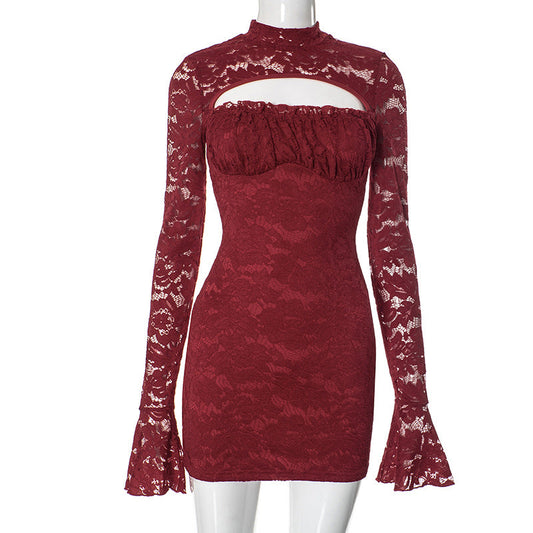Women Clothing Lace Stitching Chest Hollow Out Cutout Flared Sleeve Waist Hip dress