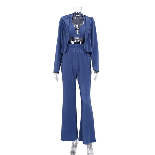 Conjunto de pantalón holgado de primavera para mujer, elegante, de cintura alta y manga larga, de tres piezas.