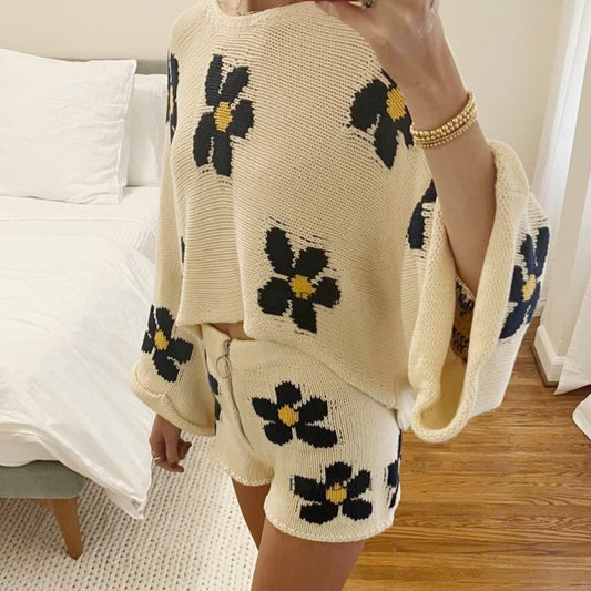 Ropa de mujer, pantalones cortos de lana de manga larga con estampado floral, ropa de casa de dos piezas