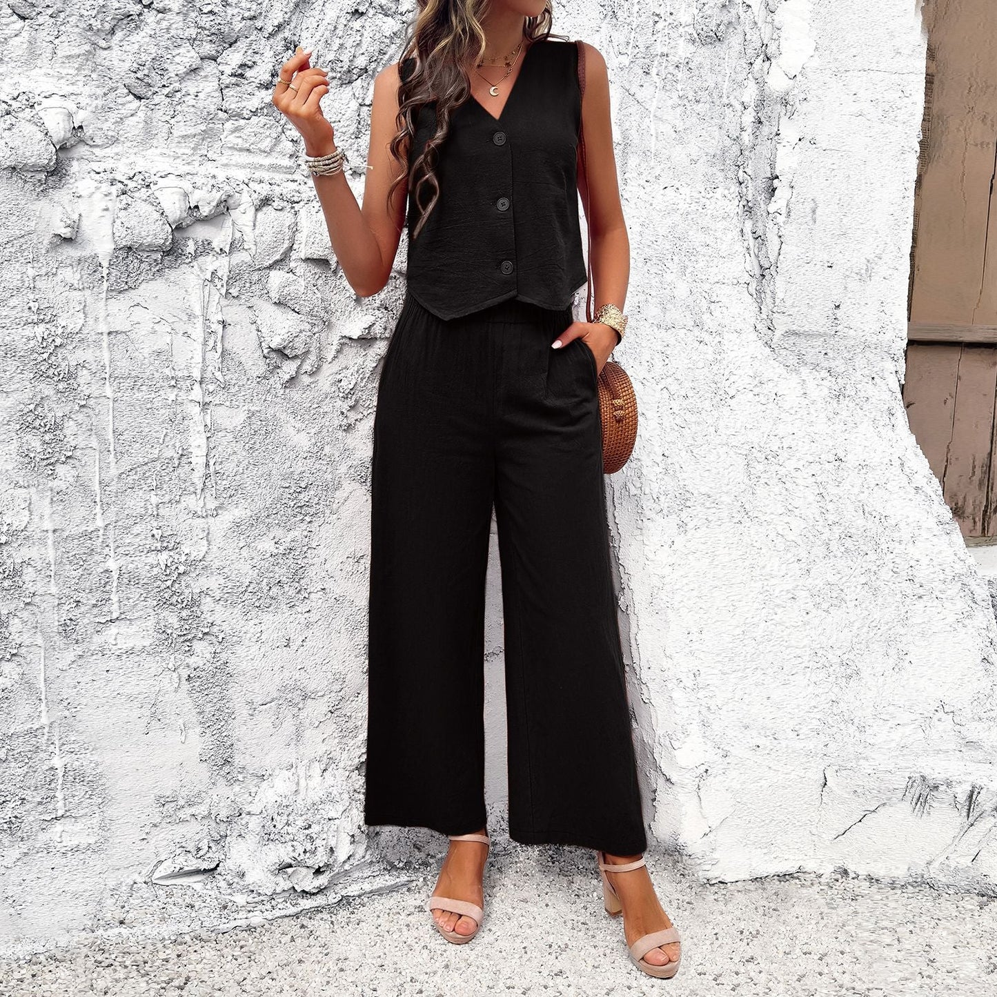 Traje de chaleco informal de color liso para mujer para primavera y verano