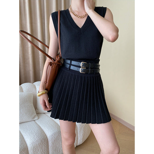 Traje de dos piezas con falda plisada y chaleco de punto de alta calidad de otoño a la moda