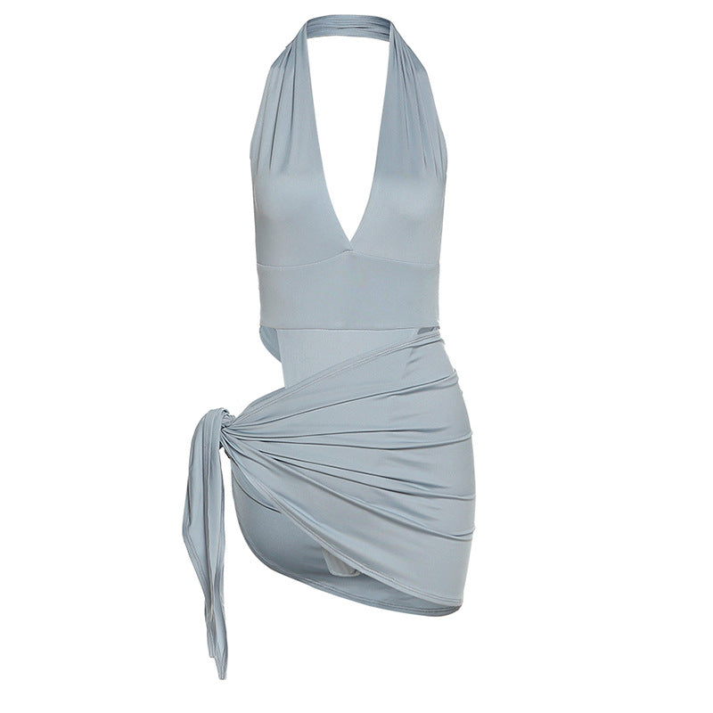 Ropa de verano para mujer, mono sexy con escote en V y espalda descubierta, falda a la cadera, conjunto para mujer