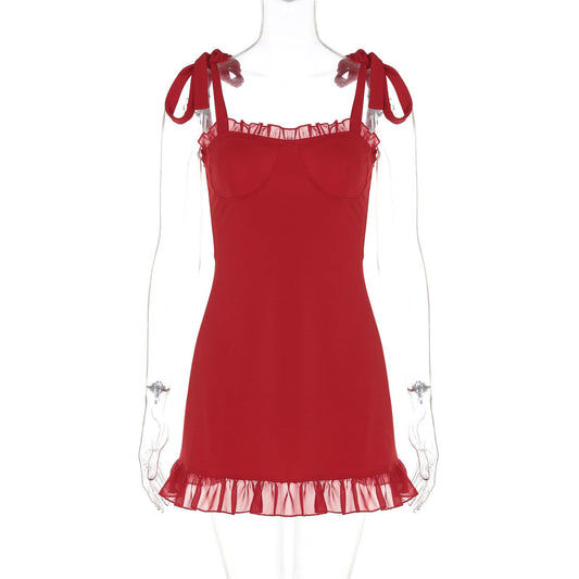 Women Clothing Summer Sexy Low Cut off Neck Strap Slim Fit Waist Controlled Slimming Dress
