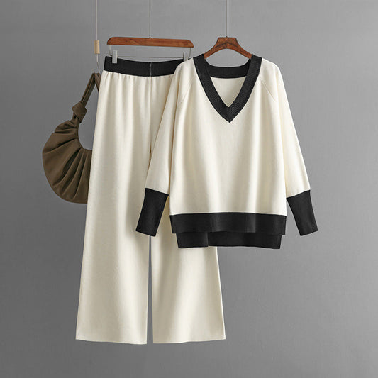 Conjunto informal de dos piezas para mujer, otoño e invierno, cuello en V, tejido de punto en contraste, pantalones anchos y sueltos.