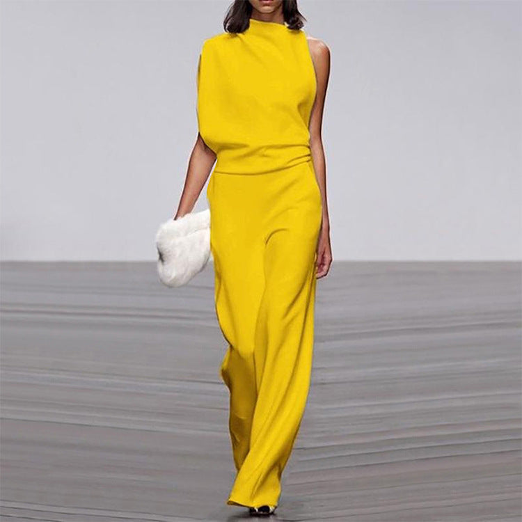 Pantalones de mujer de color liso con un hombro descubierto y cuello alto, mono de vestir popular