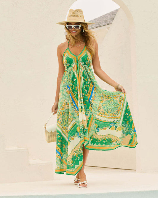 Primavera Verano fuera del hombro cuello en V ropa de mujer tirantes finos estampado floral hada vestido largo elegante vestido de gran vuelo mujeres