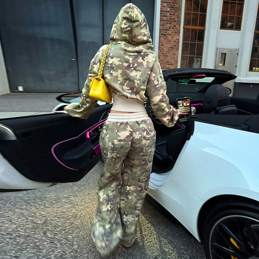 Conjunto de dos piezas de sudadera con capucha y pantalones deportivos de manga larga con contraste de color informal, cárdigan de camuflaje, abrigo y pantalones