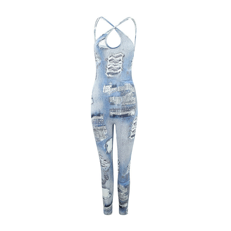 Mono ajustado y elástico con pantalones siameses de gallo con estampado moderno y sexy para mujer