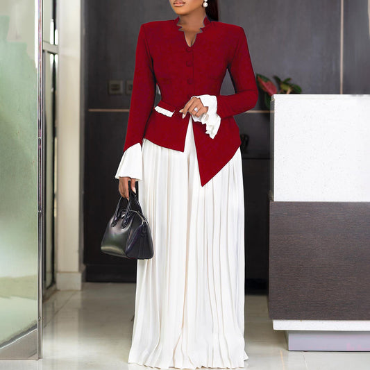 Conjunto elegante de dos piezas para oficina con top de manga acampanada y pantalones anchos plisados