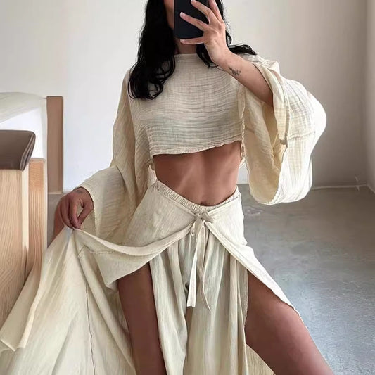 Traje de dos piezas de pantalón holgado de lino y algodón para mujer