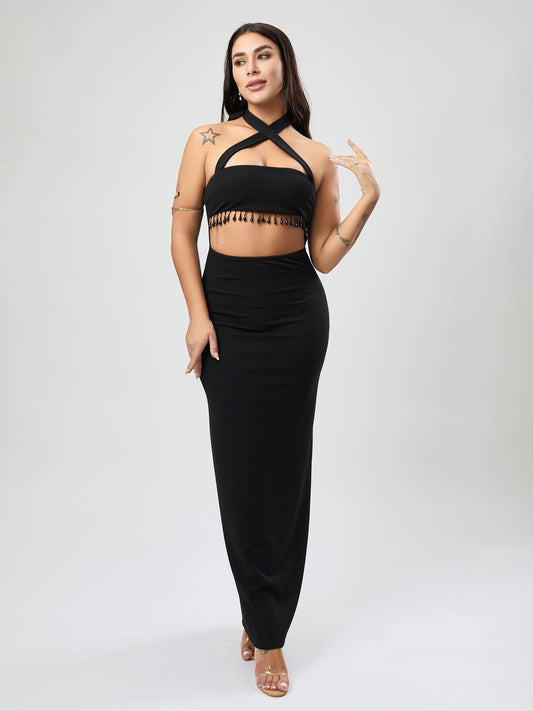Vestido negro texturizado para mujer, vestido de corte A, vestido sexy para mujer