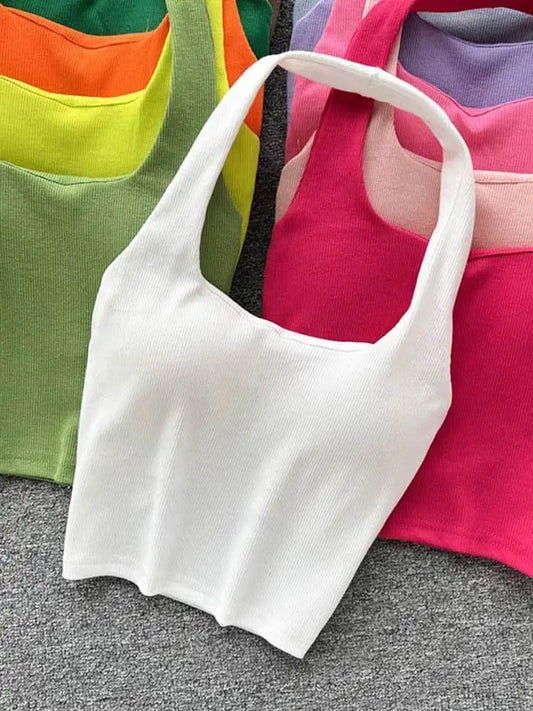 Off Shoulder Halter Camisole Summer Sleeveless Skinny 2025 Ladies Fashion Korean Solid Streetwear Basic Sexy Tank Top