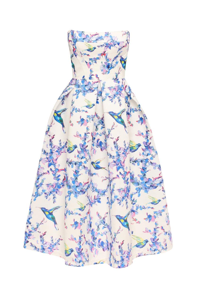 Vestido midi floral con hombros descubiertos y cordones